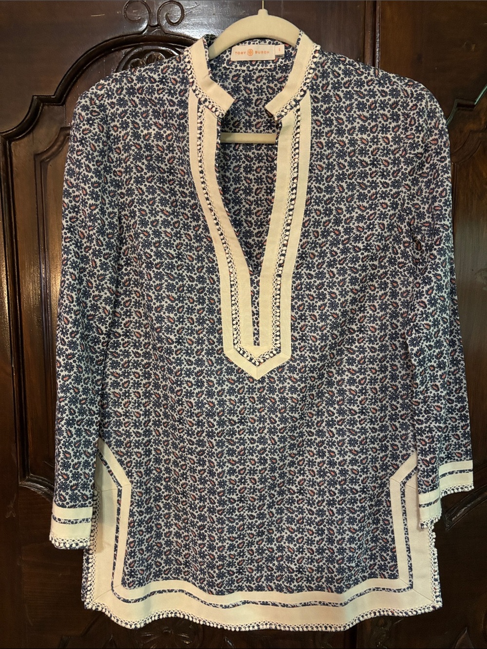 Tory Burch Navy and Pink Floral Print Blouse with Cream Trim